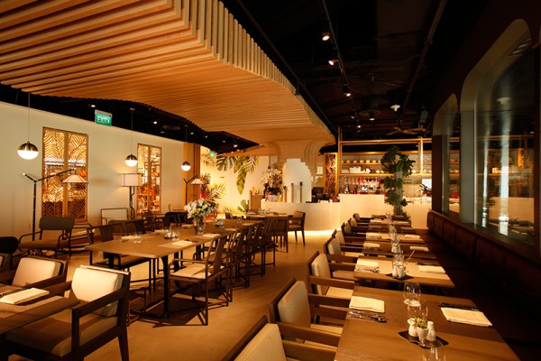 Interior of the restaurant with its wood wave feature ceiling