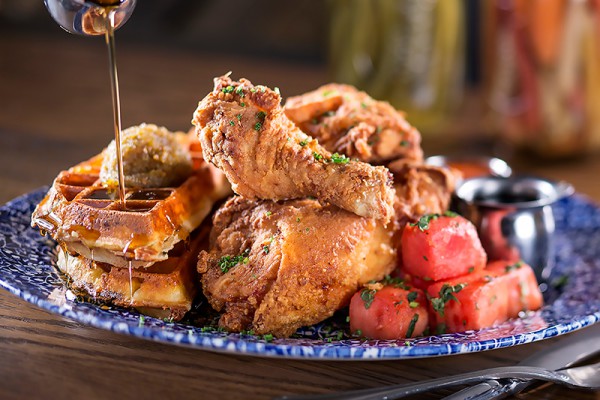 Yardbird Southern Table & Bar Lewellyn's Fried Chicken with waffles and watermelon