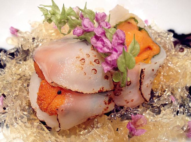 'Uni' or edible portions of sea urchin wrapped in fresh scallop. Image courtesy of Sushi Mitsuya Facebook Page