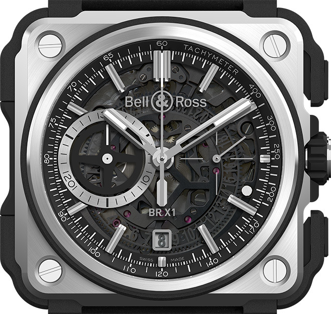 Bell & Ross BR X1 Black Titanium Chronograph with hours, minutes, small seconds at 3 o’clock. Skeleton date at 6 o’clock. Chronograph: 30-min timer at 9 o’clock, central chronograph seconds.