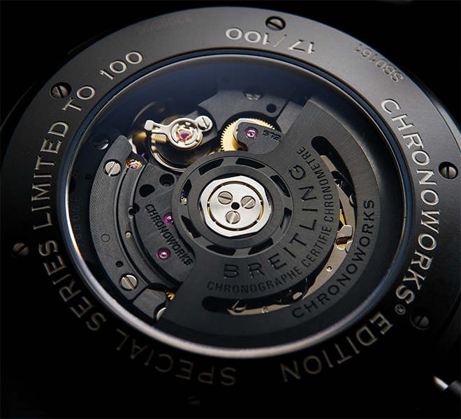 Typically found on watch dials, the COSC chronometer label sometimes appears in other places, as seen here. Breitling has put it on the rotor of the Superocean Heritage Chronoworks where it reads "Chronographe Certife Chronometre"