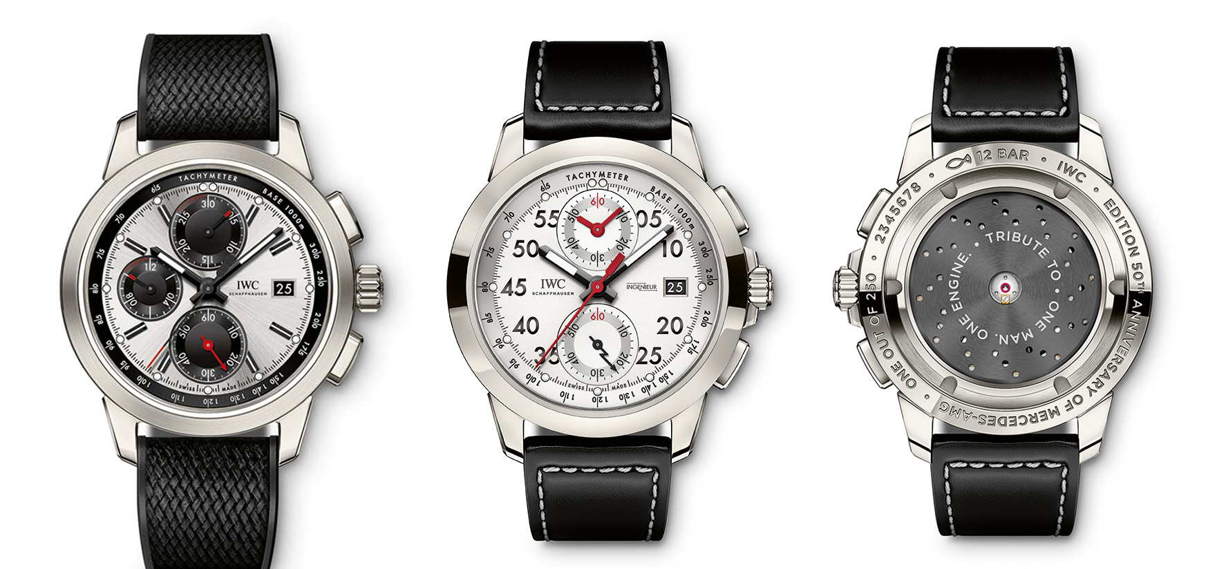 Left: The IWC-manufactured 89361 calibre with flyback function combines the stopped hours and minutes in a counter at “12 o’clock”. A soft-iron cage protects the movement from magnetic fields. The lower part of this cage is visible through a sapphire-glass back and emulates the appearance of a typical AMG brake disc with bores arranged in a radial formation. Right: The decision to limit production to 77 watches was based on Cancellara’s favourite number: 7. The IWC-manufactured 69370 calibre generates a power reserve of 46 hours with a bidirectional pawl-winding system. Spokes have been printed onto the glass back cover, recalling the image of a racing bike.
