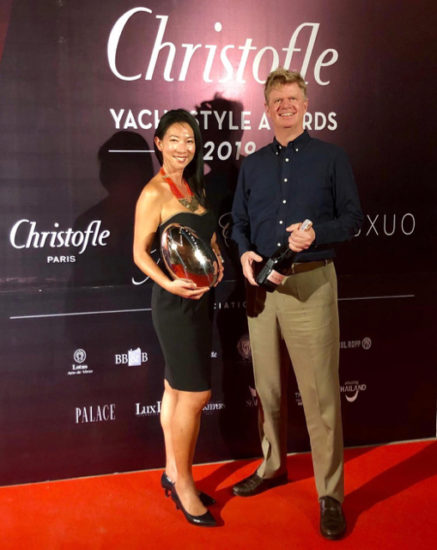 Hwee Tiah and Jean-Marc Poullet of Burgess collected the Best Asia-Based Brokerage Company (International) prize at the 2019 Christofle Yacht Style Awards: Chapter One in Phuket 