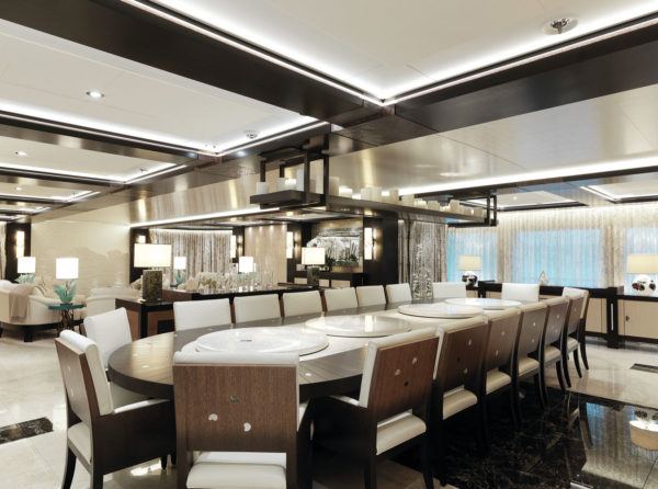 The yacht offers formal dining for up to 18 guests