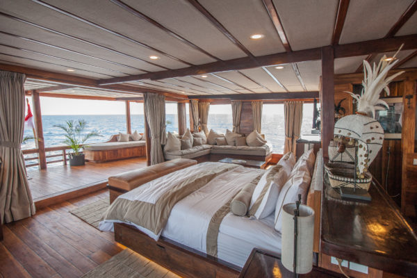 Arguably the yacht’s flagship room, the Batavia master suite and its private terrace are situated at the aft end of the upper deck