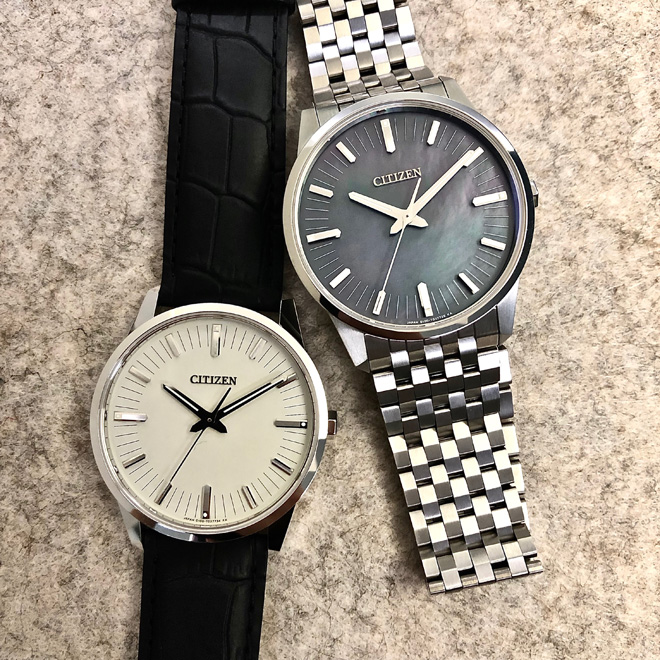 Left: White gold Caliber 0100 with crocodile strap. Right: Super TitaniumTM with Duratect Caliber 0100 with mother of pearl dial