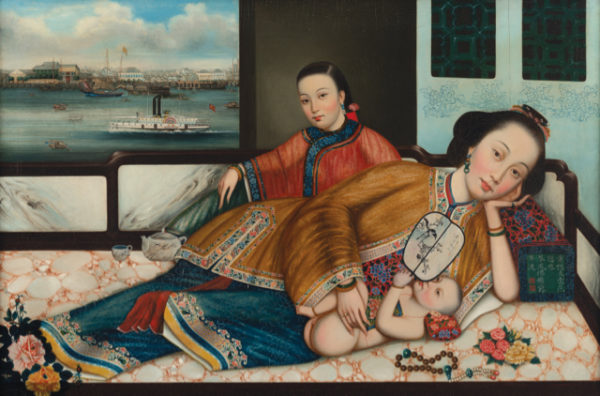 Artefacts from the ‘The Dragon and The Eagle: American Traders in China’ exhibition included an oil painting of a mother and child with a view of the Canton waterfront