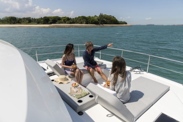 The sunken foredeck is popular for both lounging and socialising