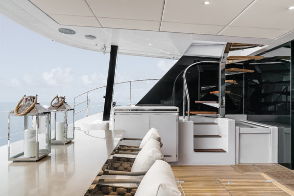 The large cockpit offers access to the flybridge via an elegant semi-circular staircase