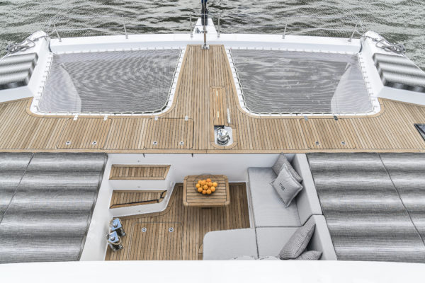 The 60 is the smallest Sunreef yet to have a bow terrace, with an L-shaped settee to starboard flanked by two double sunpads (photo from Feel The Blue)