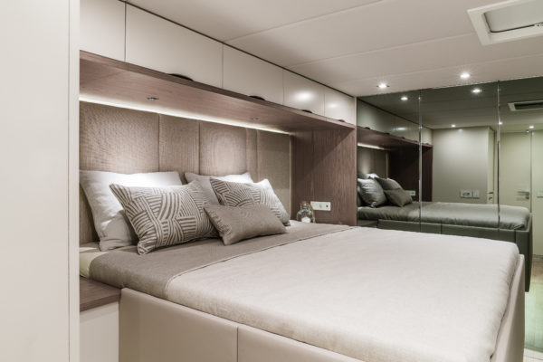 The master suite is in the port hull, with a double bed facing the window