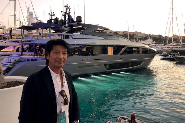 Edwin at the 2018 Monaco Yacht Show, pictured in front of a Riva 110’ Dolcevita for an Asian client