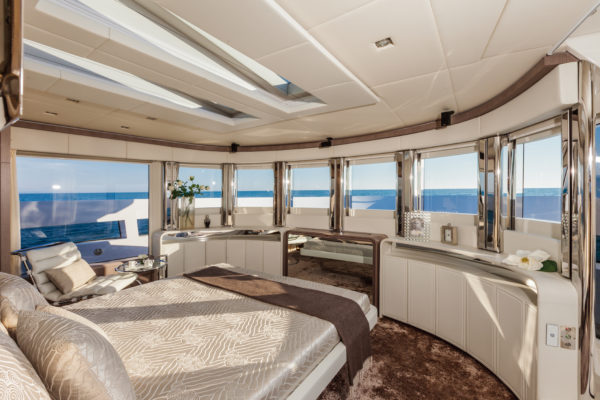 The owner’s suite forward on the main deck is arguably the signature feature of the 26