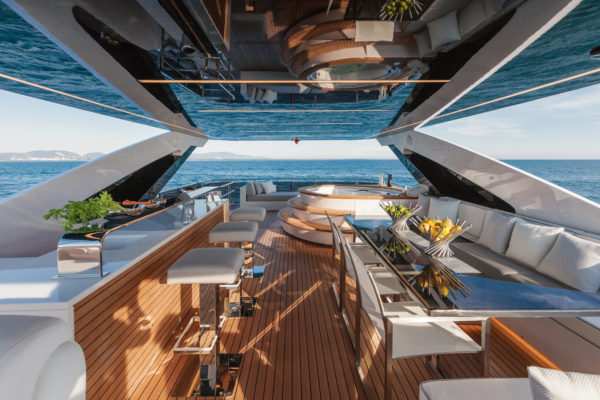 The elongated superstructure contributes to the size of the flybridge, where the jacuzzi is a highlight