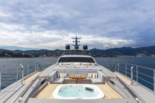 Pershing 140: Transformer action starts on the foredeck, where a huge panel slides back to reveal a lounge area and jacuzzi