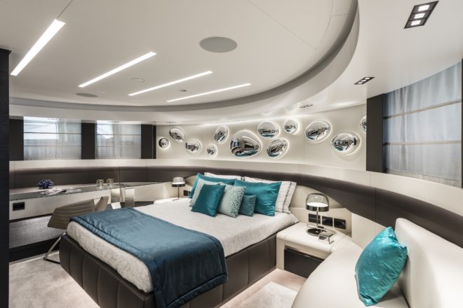 Pershing 140: The curvy master suite in the bow feels almost space age with its futuristic lighting and the yacht’s signature water droplets