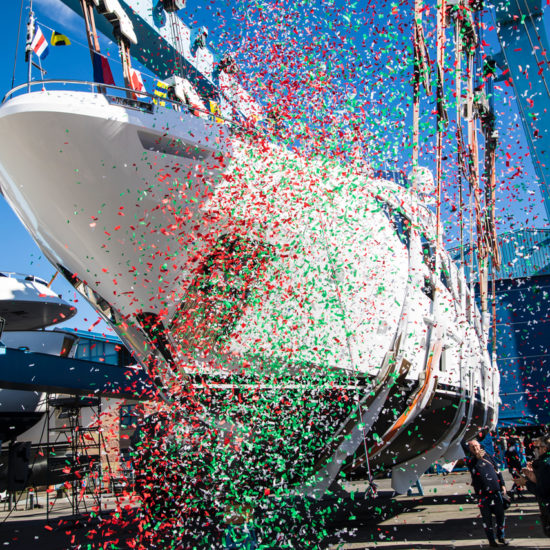 The launch ceremony of the sixth hull of Benetti's Delfino 95 series