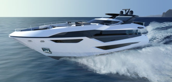 The 100 Yacht features a sleek exterior and a flybridge with walk-around access to the foredeck