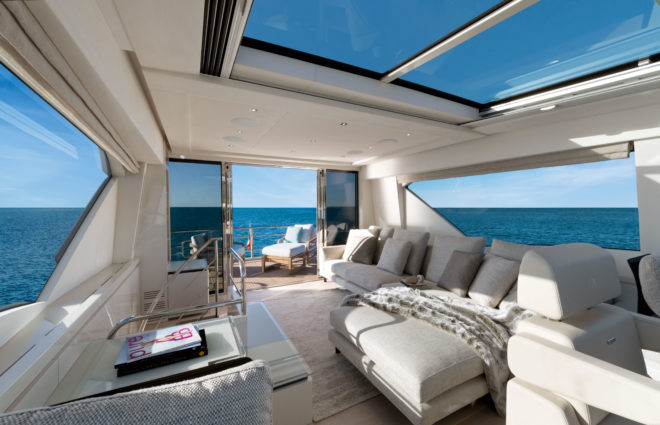 The upper-deck skylounge, with a view of the open aft deck