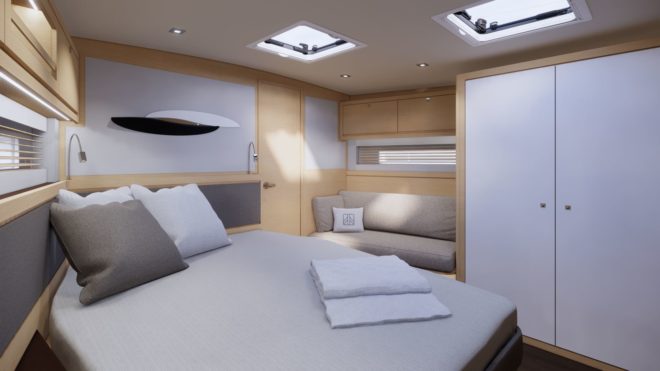 Each of the three interior layouts on the Dufour 61 includes a full-beam owner's suite forward