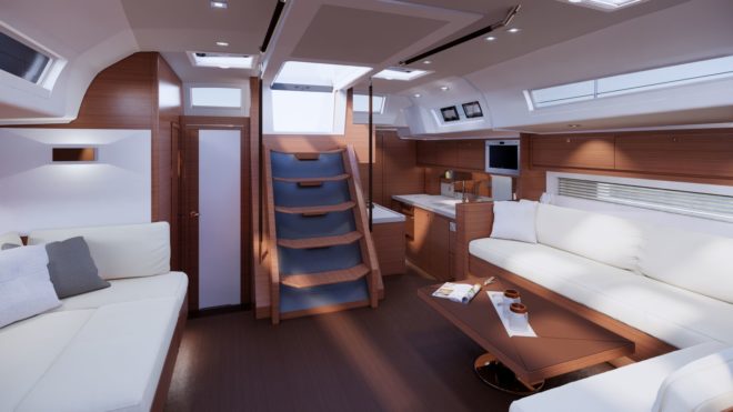 The third layout on the Dufour 61 features the galley aft, with double and single cabins aft