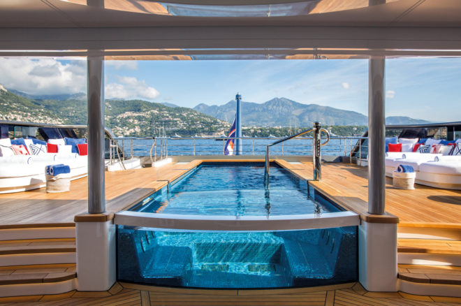 An impressive 9m pool and Jacuzzi are on the main deck aft