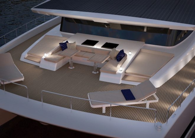 The foredeck features plenty of lounging space and ambient lighting