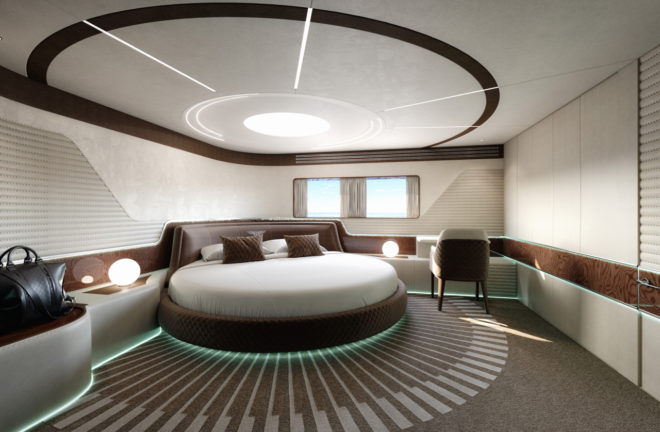 The owner's cabin has a circular bed from the Bentley Home collection