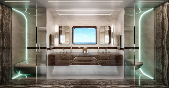 The owner’s bathroom is finished in fine onyx and has a two-person hammam