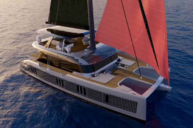 The Sunreef 70 Eco shows solar panels fitted on the hull, flybridge and even mast