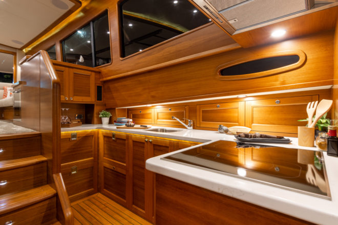 The galley on the Grand Banks 54 is located on the lower deck to port, beside the midships master suite