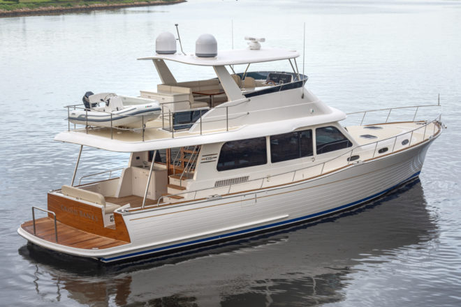 The flybridge on the Grand Banks 54 has a hardtop and a davit to deploy a rib stored aft