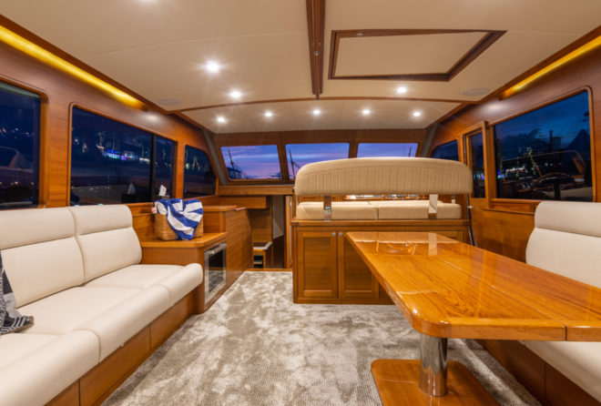 The interior of the Grand Banks 54 is finished in golden blended teak from sustainable sources