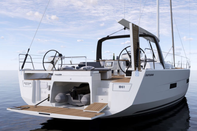 The Dufour 61 has a tender garage, drop-down swim platform and two steering stations