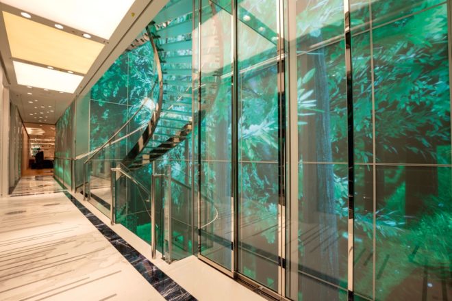 On the lower deck of the Benetti Luminosity, the lobby has a 370sqm visual panel depicting a moving forest
