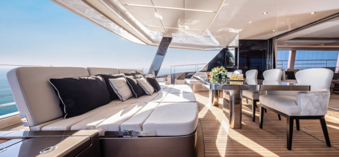 The enormous covered cockpit makes the most of the yacht’s 39ft beam