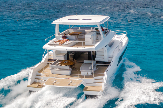 The cockpit features a lounger, corner sofa, table and chairs, while the flybridge has aft sunpads, a lounge and forward sofa