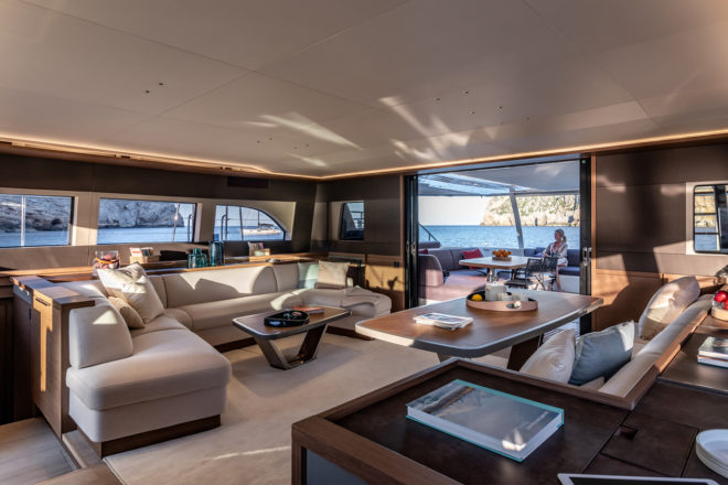 In the galley-down version, as chosen by Simpson Marine clients in Malaysia and Taiwan, the dining area is portside and the lounge is to starboard
