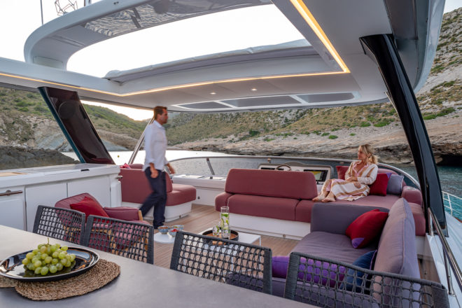 The Tribu version of the flybridge features the Italian brand’s outdoor furniture