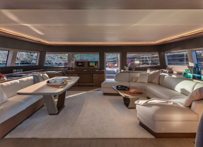 Forward view of the saloon (above) in the galley-down version, as chosen by Simpson Marine clients in Malaysia and Taiwan; the dining area is portside and the lounge is to starboard
