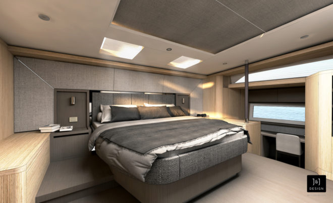 The Aquila 54 powercat and 70 powercat have the option of a forward master cabin that spans both hulls
