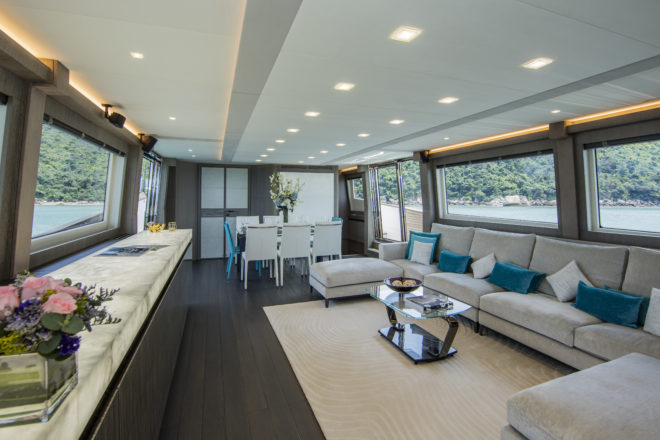 The enormous saloon has been customised by Asia Yachting