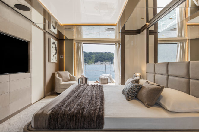On hull one, the main-deck owner’s suite features a drop-down balcony on the starboard side