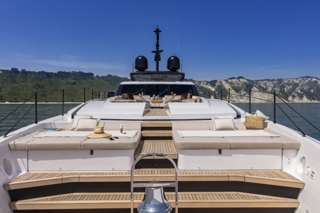 The exceptional foredeck features a central passageway that links an outdoor lounge, separate sunbathing zones and a working area in the bow